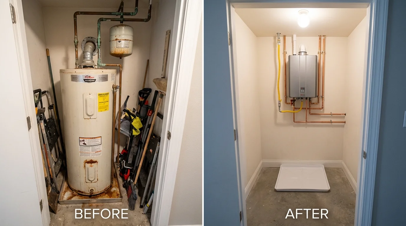 Tank water heater versus wall-mounted tankless unit comparison for Arcadia, IN homeowners