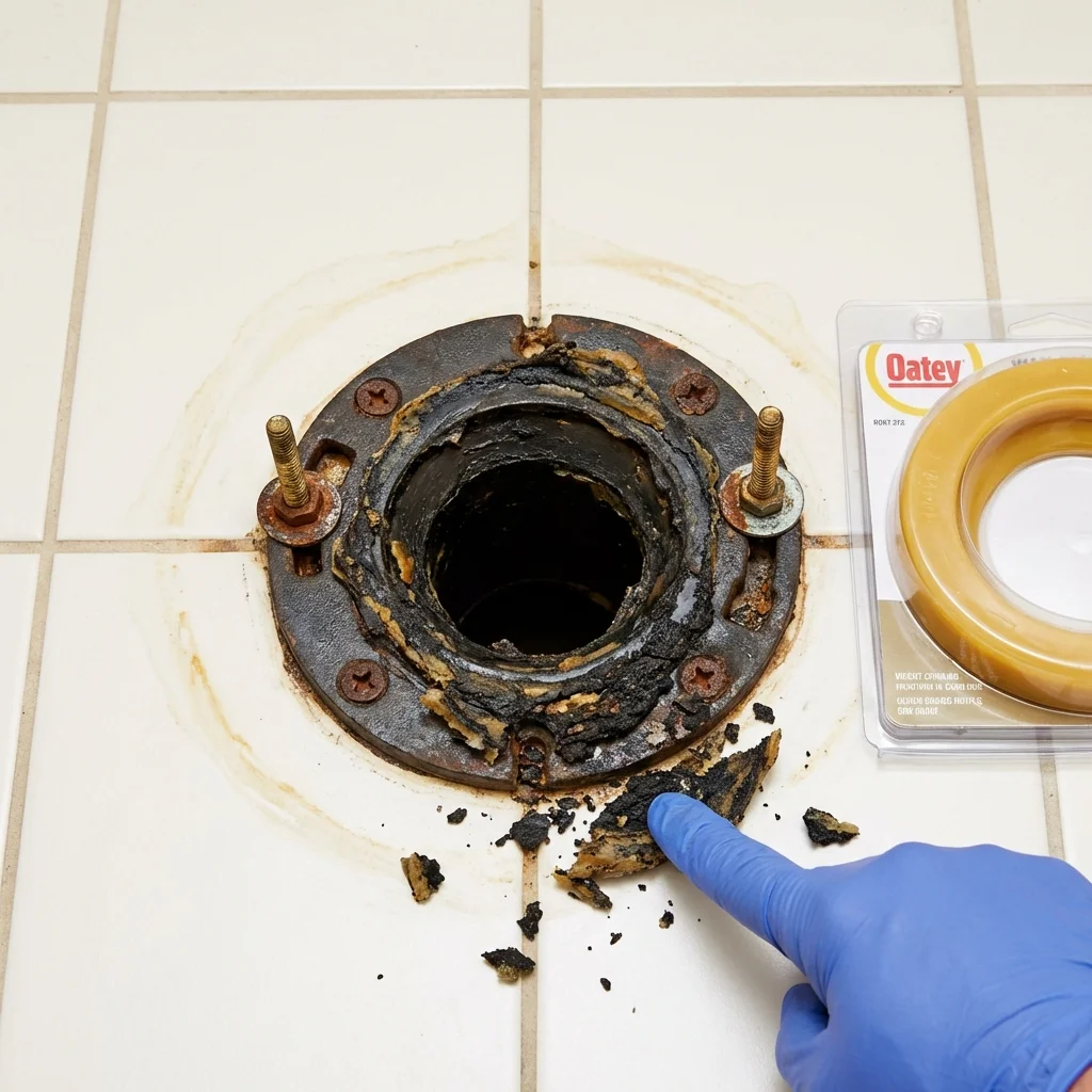 Failed wax ring showing water seepage at the base of a toilet in a Arcadia, IN home
