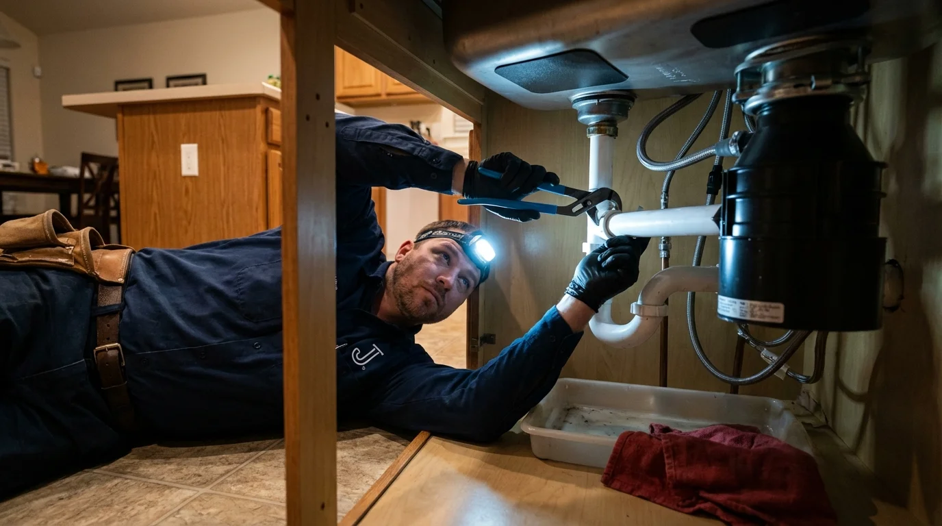 P-trap and supply line connections under a kitchen sink showing a common leak point in Arcadia, IN